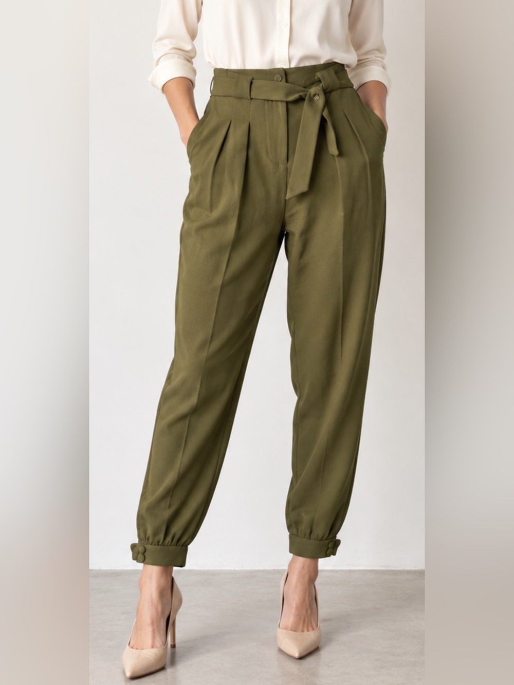 Torn by Ronny Kobo Olive Green Tie Waist Tapered Pants XS